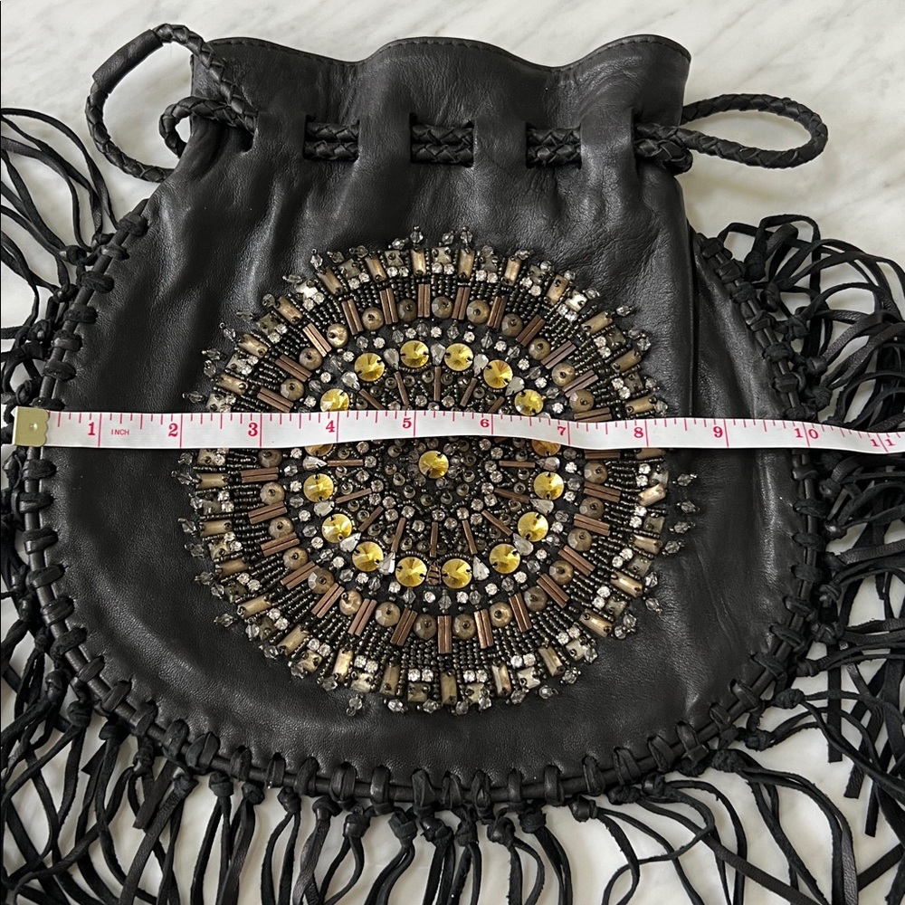 Vintage Cleobella Black and Gold Beaded Fringe Drawstring Leather Wristlet - Picture 11 of 11